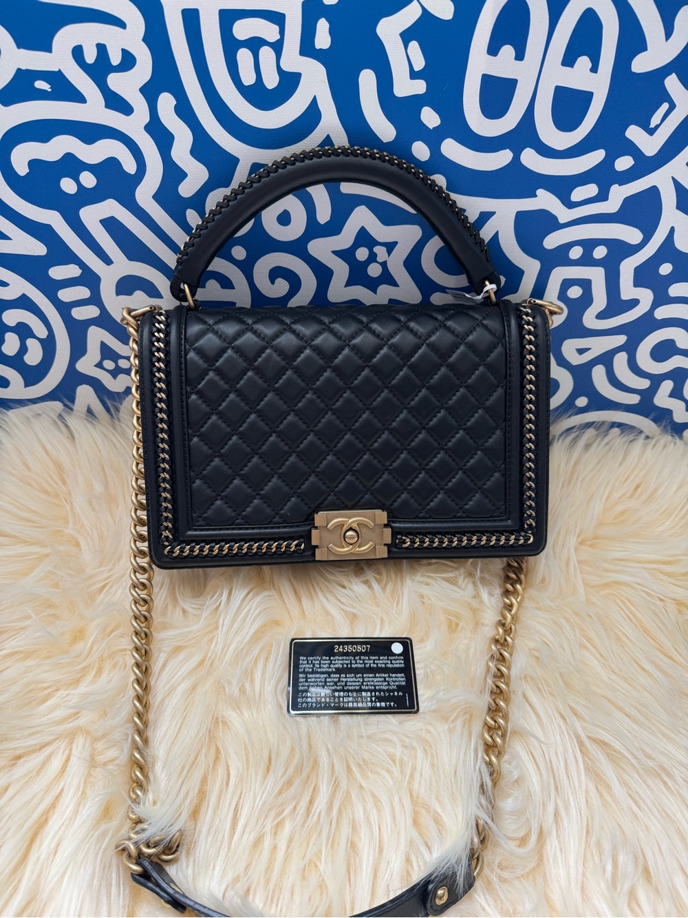 CHANEL Black Quilted Leather Top-Handle Shoulder Bag with Gold Hardware